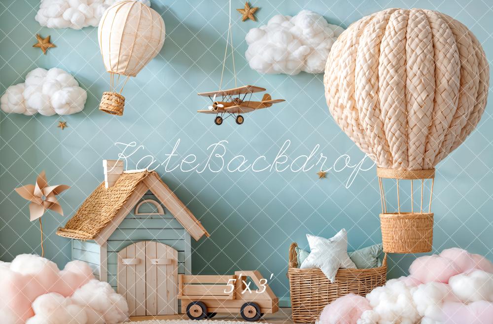 Kate Cake Smash Hot Air Balloon Airplane Cloud House Blue Backdrop Designed by Emetselch