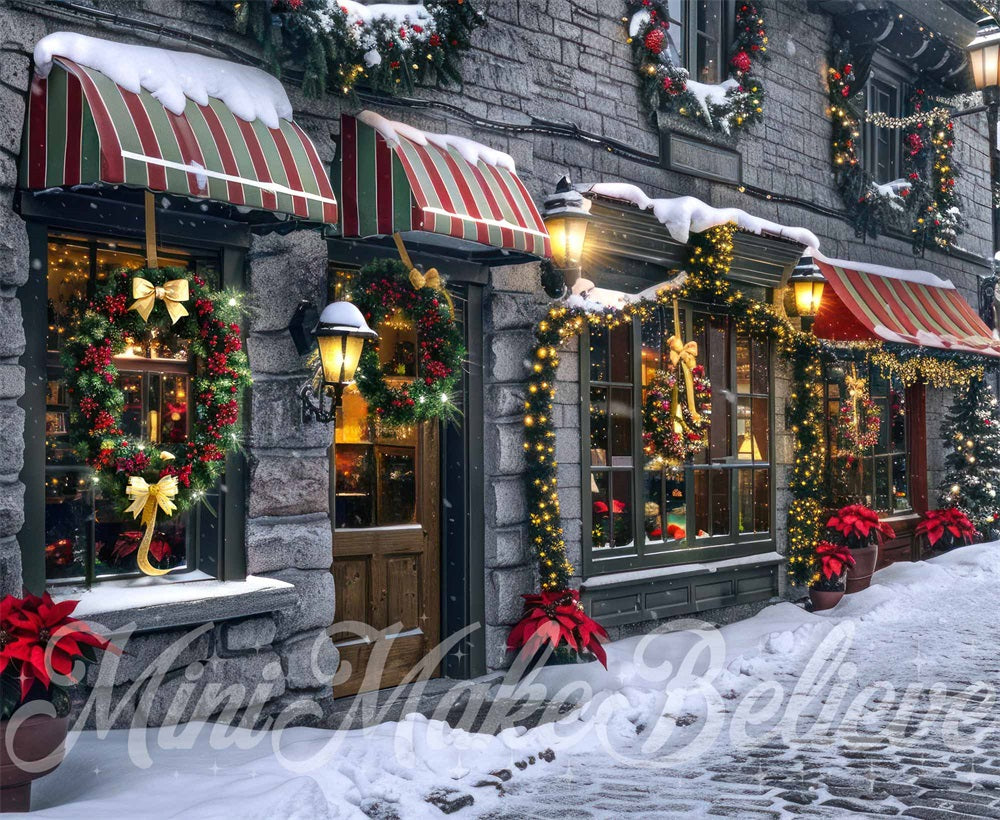 Kate Christmas Night Vintage Street Store Backdrop Designed by Mini MakeBelieve
