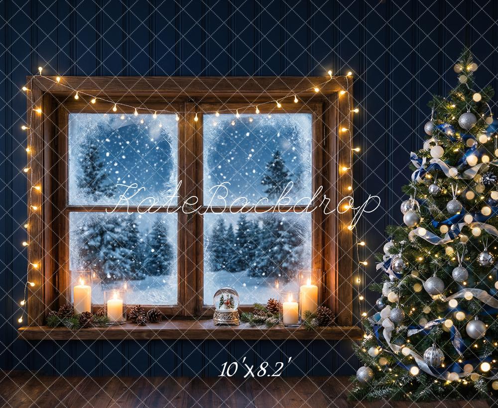 Kate Christmas Window Tree Snowy Night Printed Backdrop Designed by Happy Squirrel Design