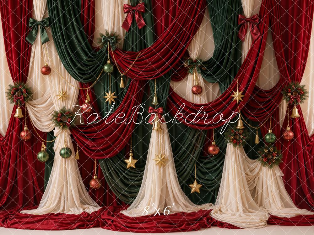 Kate Christmas Red Green Draped Curtains Ornaments Printed Backdrop Designed by Emetselch