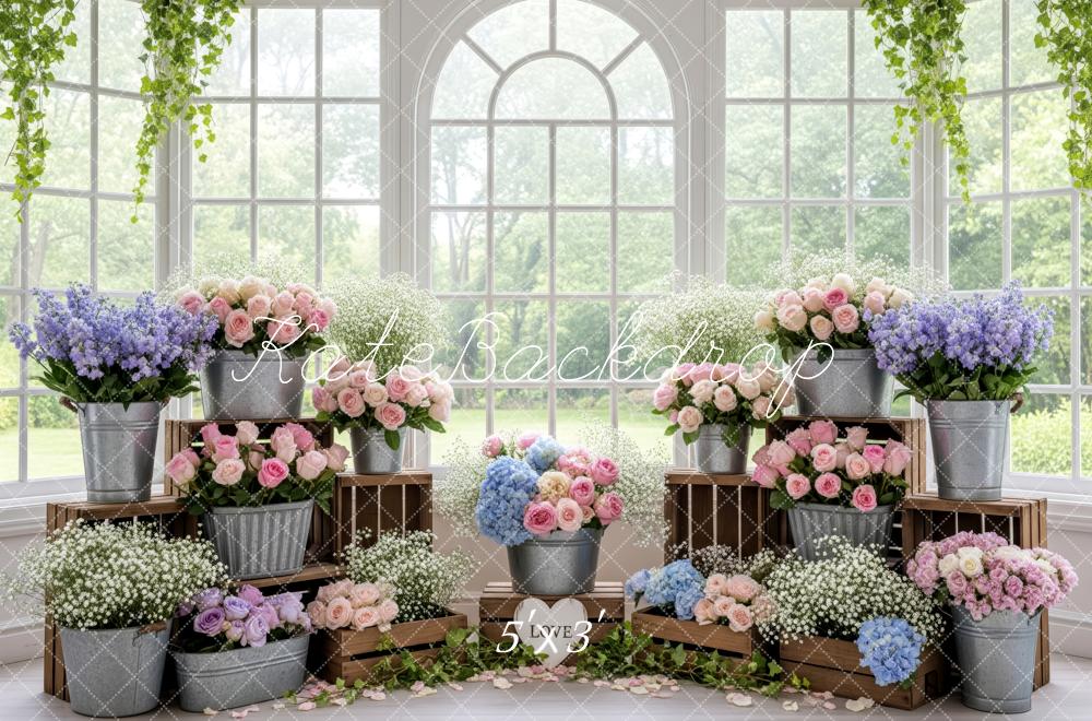 Kate Pastel Flower Buckets Wooden Crates Window Backdrop Designed by Patty Roberts