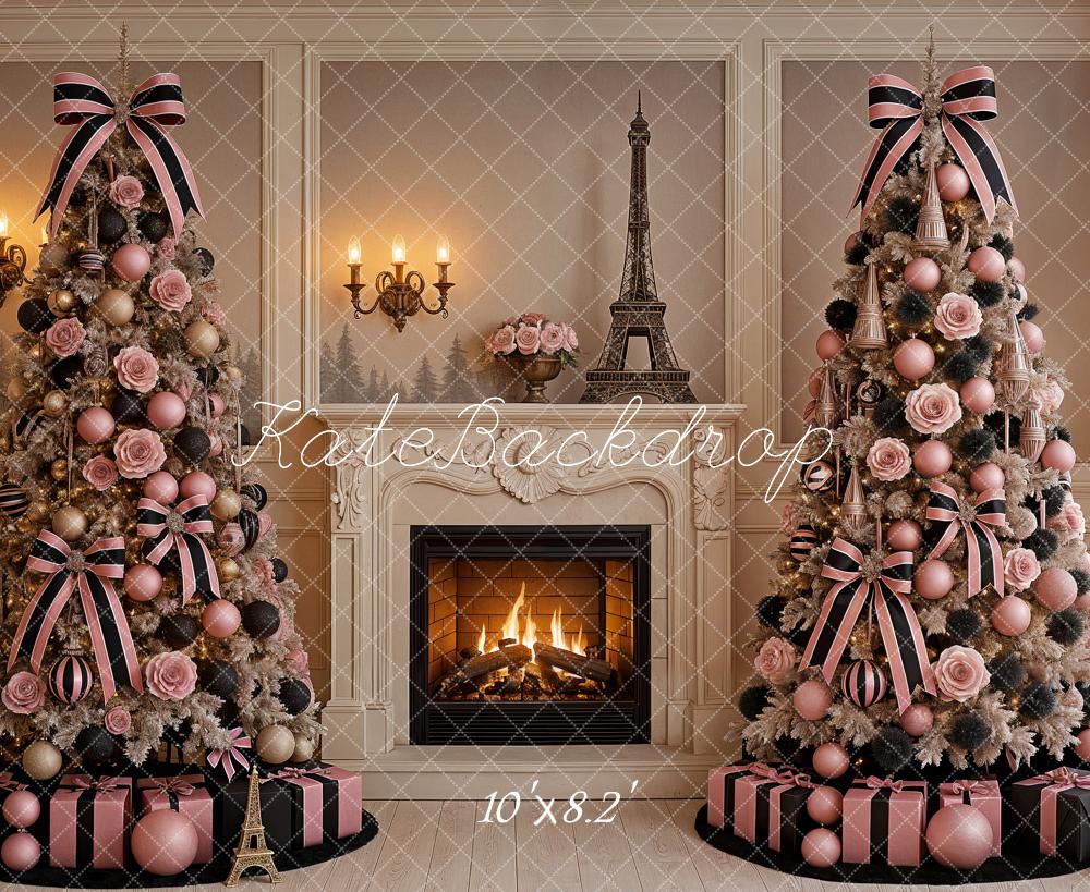 Kate Christmas Tree Pink Eiffel Tower Fireplace Chic Backdrop Designed by Ashley Paul
