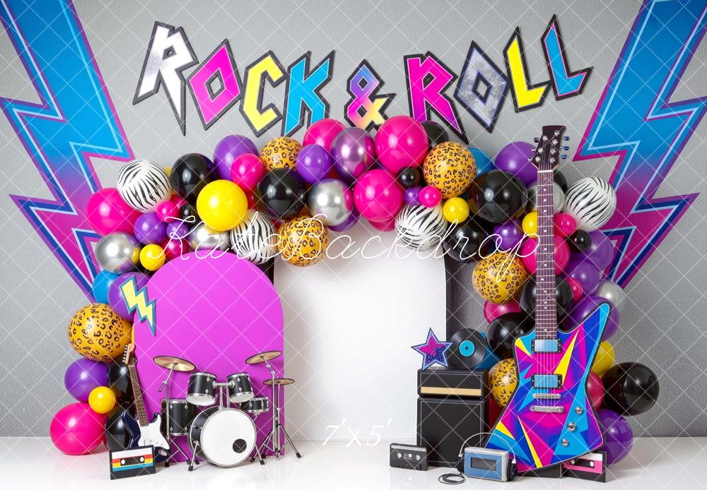 Kate Birthday Rock & Roll Balloon Arch Guitar Drum Set Printed Backdrop Designed by Mini MakeBelieve
