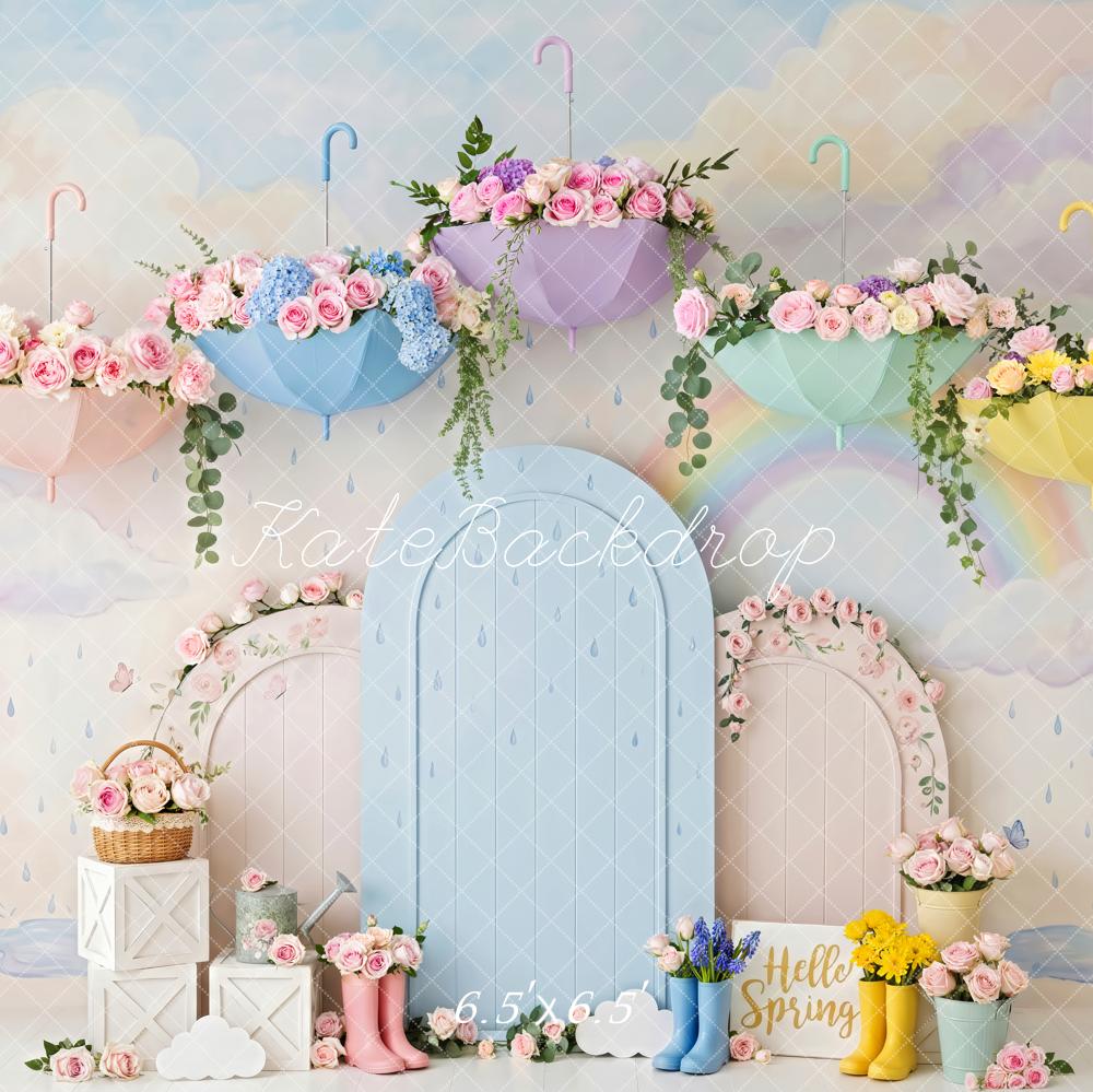 Kate Spring Floral Umbrellas Arched Door Rain Boots Printed Backdrop Designed by Patty Roberts