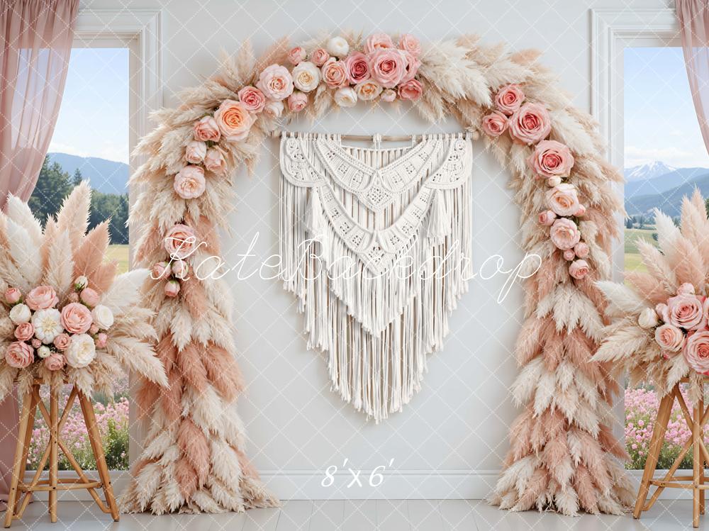 Kate Mother's Day Flower Arch Pink Pampas Macrame Printed Backdrop Designed by Mini MakeBelieve