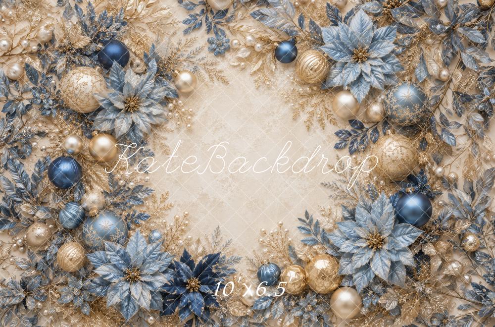 Kate Christmas Blue Gold Ornaments Poinsettias Garland Printed Backdrop Designed by Megan Leigh Photography
