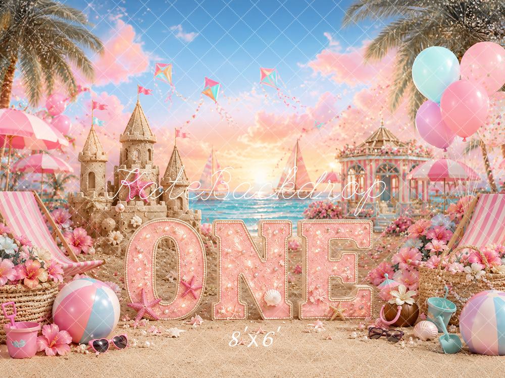 Kate Cake Smash Beach Pink Sandcastle Carousel Printed Backdrop Designed by Ashley Paul