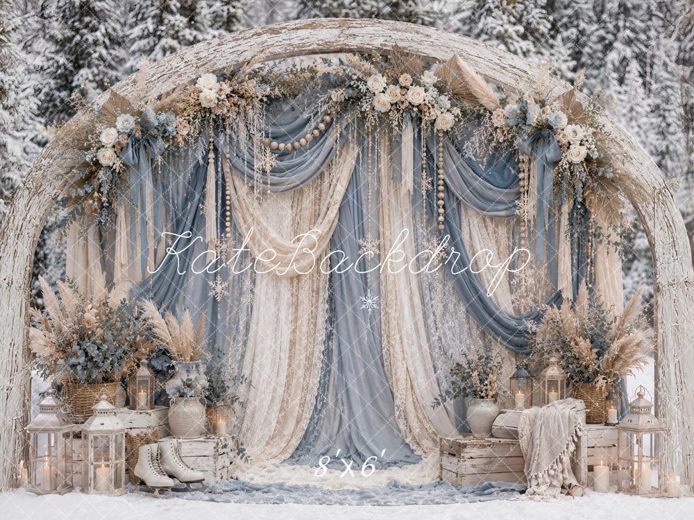 Kate Winter Christmas Flower Arch Blue Drapes Snowy Outdoor Printed Backdrop Designed by Ashley Paul