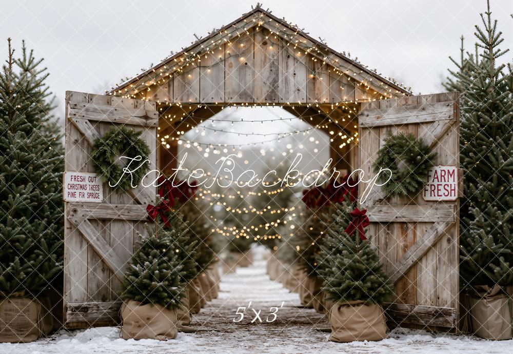 Kate Christmas Tree Farm Rustic Wood Barn Printed Backdrop Designed by Emetselch