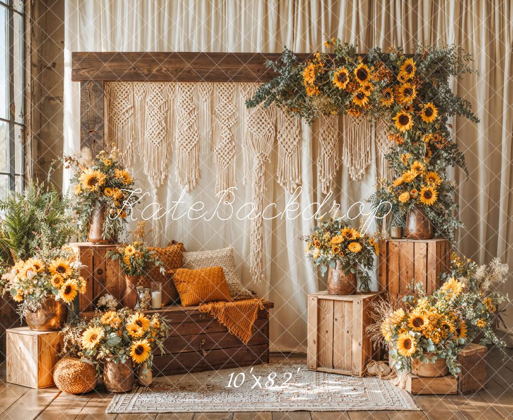 Kate Summer Boho Sunflower Flower Arch Wooden Crates Macrame Printed Backdrop Designed by Emetselch