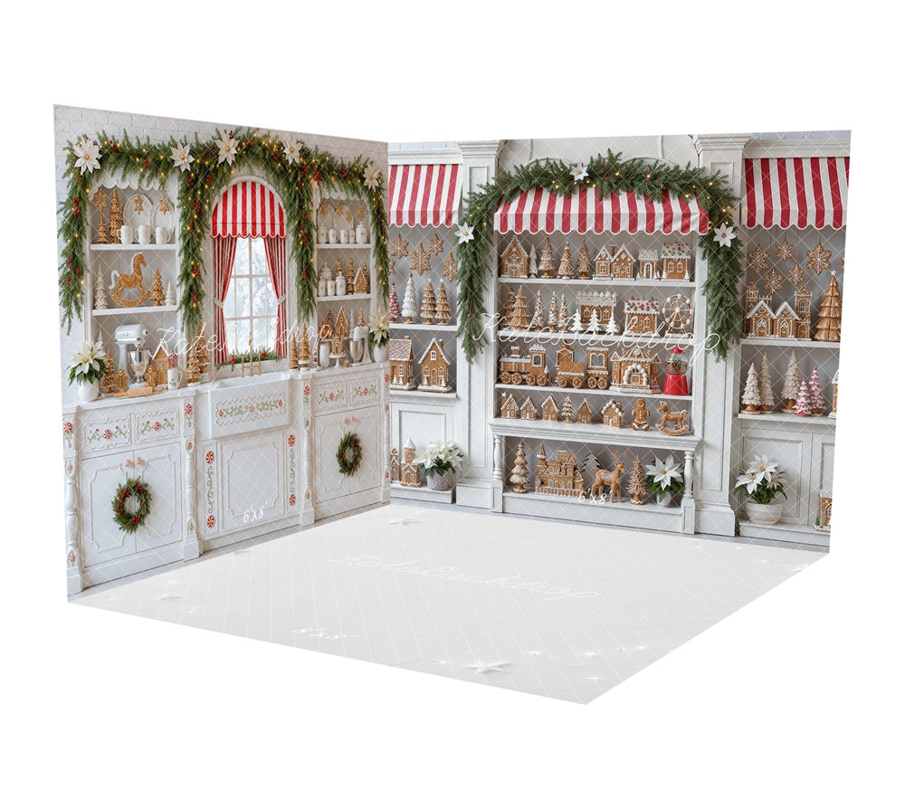 Kate Christmas Gingerbread Baking Kitchen Cabinet Red Striped Awning Printed Backdrop Room Set