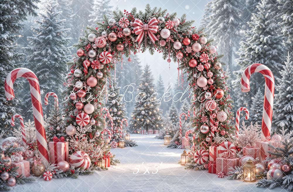 Kate Christmas Candy Arch Peppermint Gifts Snowy Forest Printed Backdrop Designed by Emetselch