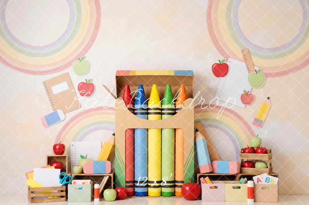 Kate Back To School Crayons Rainbow Apples Printed Backdrop Designed by Patty Roberts