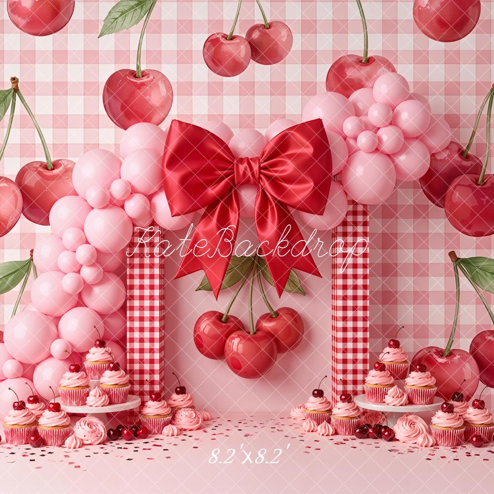 Kate Cake Smash Cherry Pink Gingham Balloon Arch Bow Cupcakes Backdrop Designed by Emetselch