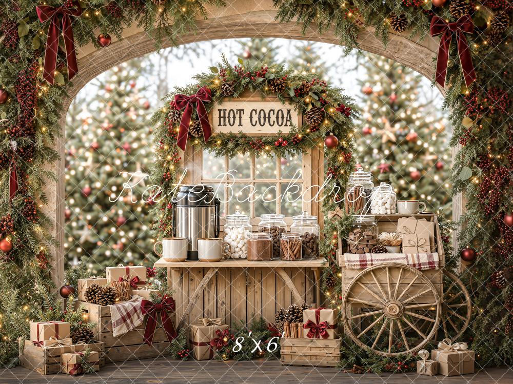 Kate Christmas Hot Cocoa Stand Wood Cart Pine Arch Printed Backdrop Designed by Emetselch