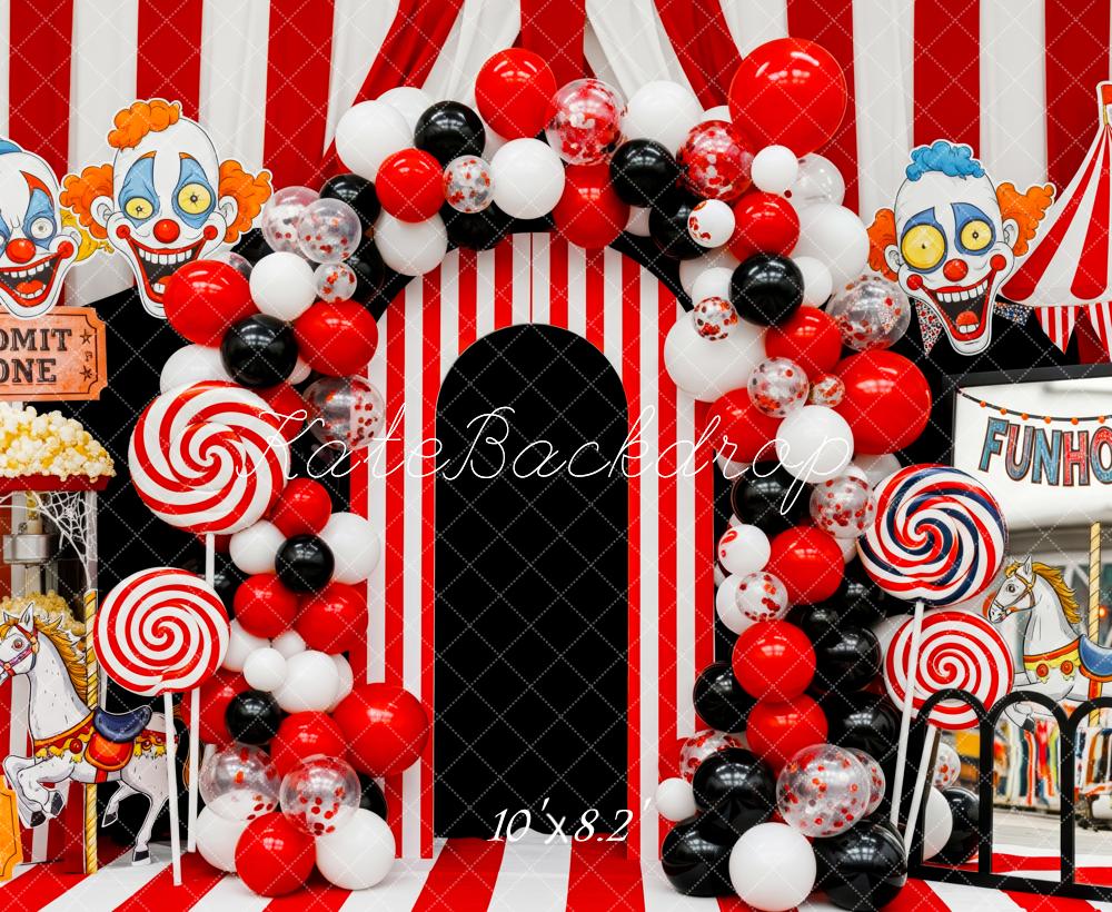 Kate Halloween Circus Carnival Clown Balloon Arch Red Stripes Backdrop Designed by Patty Roberts