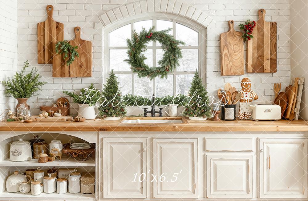 Kate Christmas Kitchen Cabinet Window Wreath Trees Wooden Cutting Boards Backdrop Designed by Emetselch