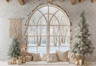 Kate Christmas Rustic Arched Window Snowy Trees Printed Backdrop Designed by Emetselch