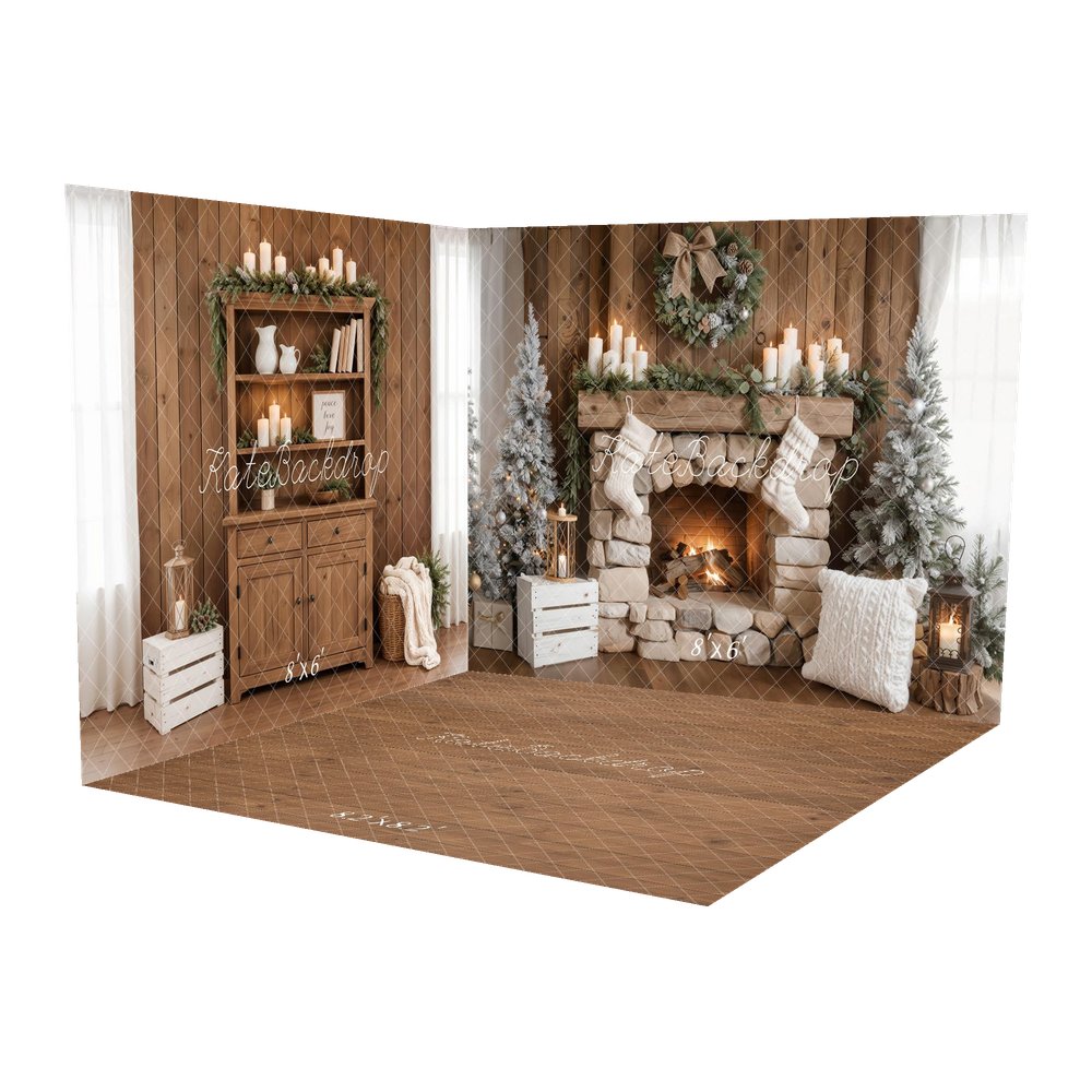 Kate Christmas Fireplace Wreath Stockings Trees Wood Shelf Backdrop Room Set