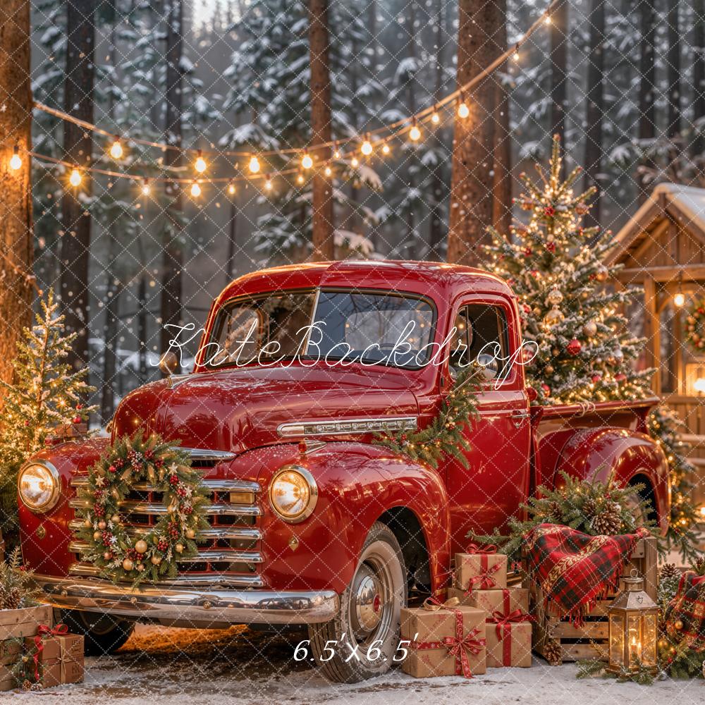 Kate Christmas Truck Red Vintage Forest Lantern Gifts Cabin Printed Backdrop Designed by Emetselch