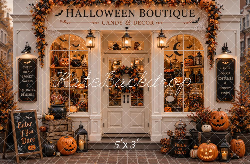 Kate Halloween Candy Boutique Pumpkin Storefront Garland Printed Backdrop Designed by Emetselch