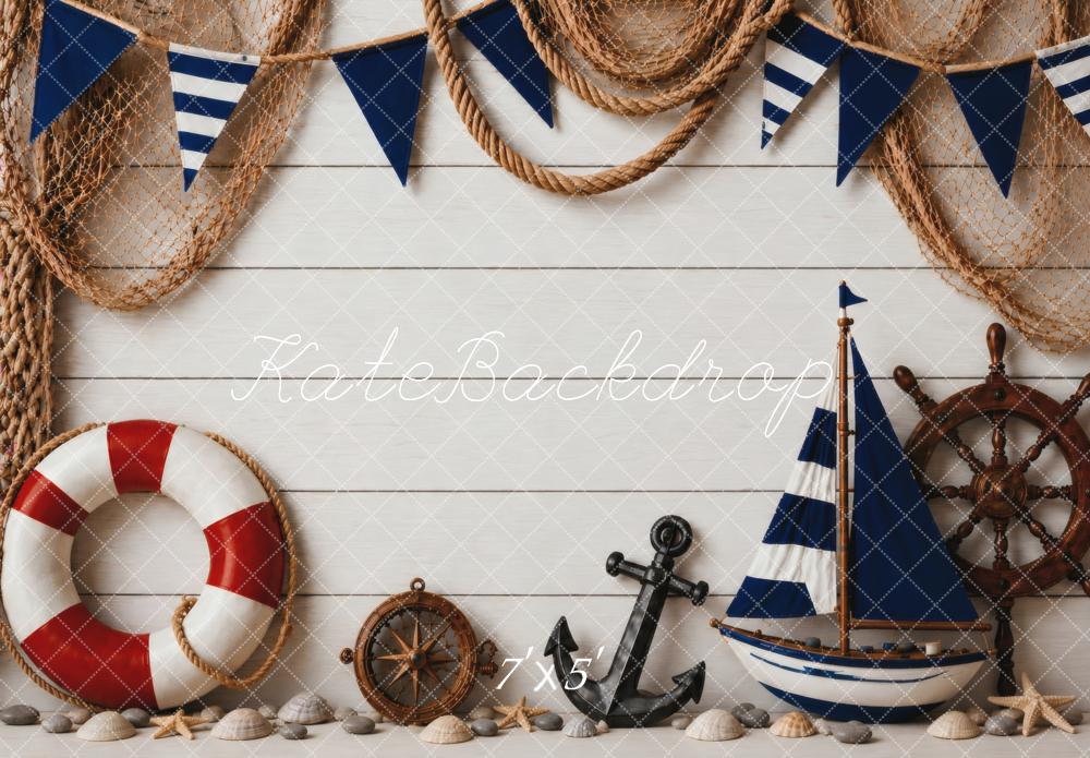 Kate Nautical Sailboat Life Ring Anchor Ship Wheel Netting Bunting Printed Backdrop Designed by Vertigo Productions