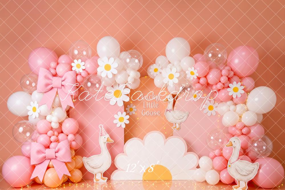 Kate Cake Smash Pink Daisy Balloons Silly Goose Bows Printed Backdrop Designed by Patty Roberts