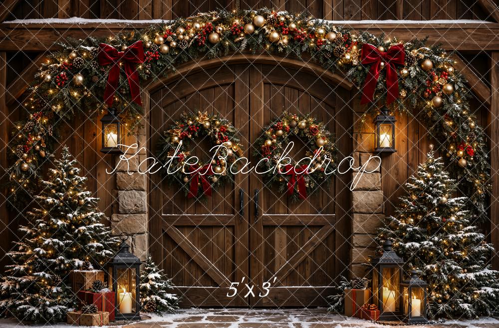 Kate Christmas Rustic Cabin Door Garland Printed Backdrop Designed by Emetselch