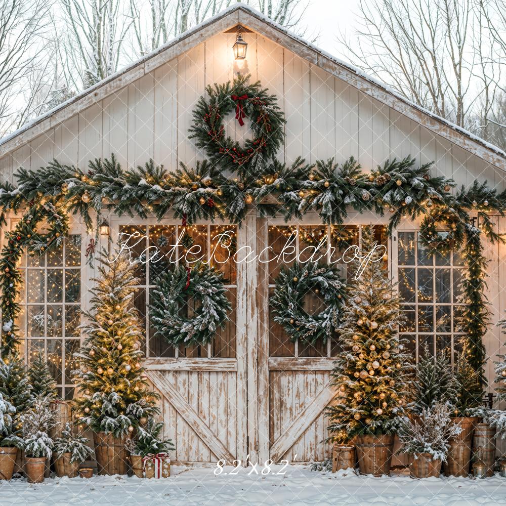 Kerst Rustic Cabin Snowy Trees Foto Achtergrond Designed by Emetselch