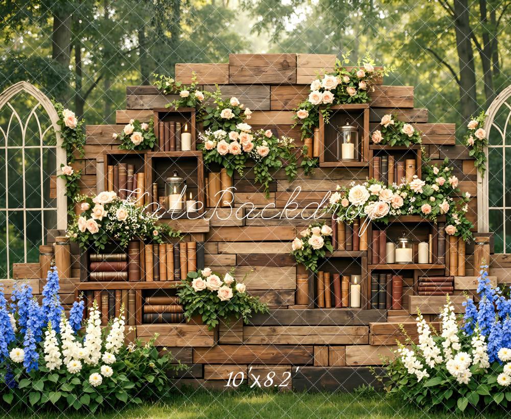 Kate Rustic Bookshelf Flower Arch Garden Printed Backdrop Designed by Mini MakeBelieve