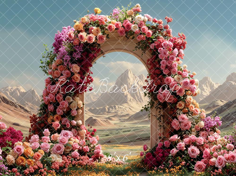 Kate Spring Flower Arch Desert Mountains Printed Backdrop Designed by Mini MakeBelieve