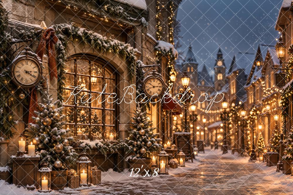 Kate Christmas Snowy Village Street Vintage Clock Printed Backdrop Designed by Emetselch