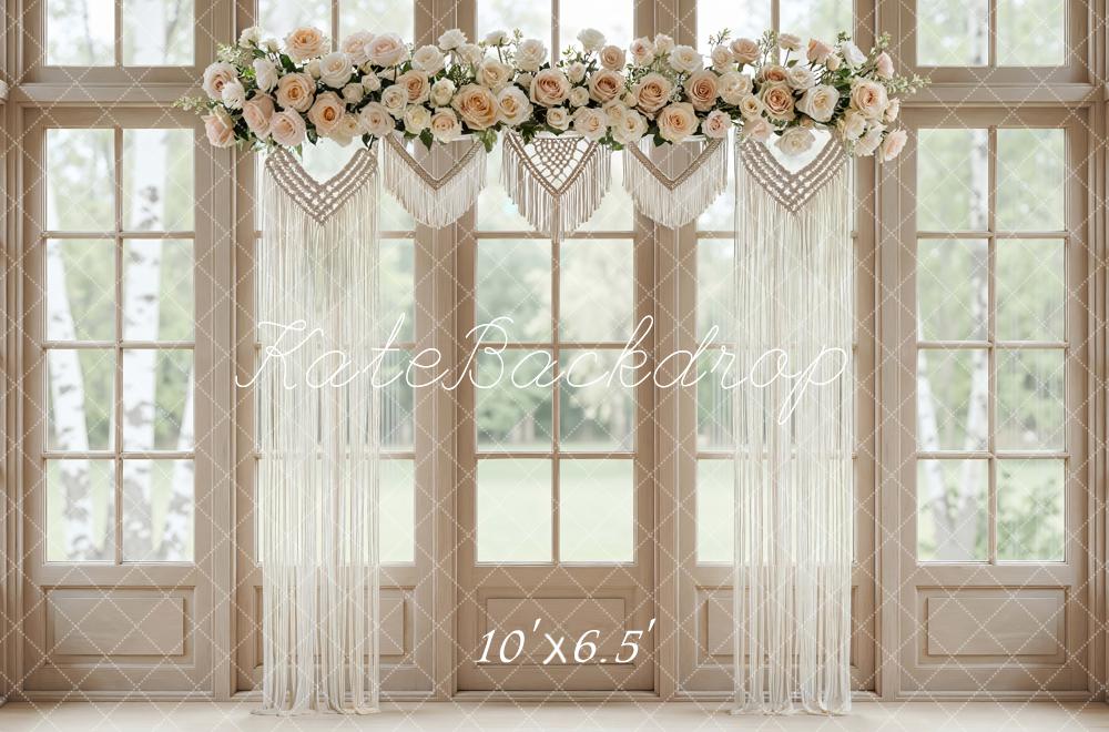 Kate Boho Flower Arch Macrame Window Scene Printed Backdrop Designed by Mini MakeBelieve
