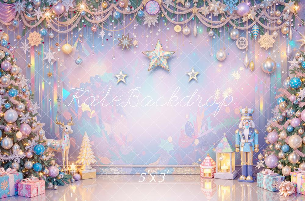 Kate Christmas Iridescent Pastel Nutcracker Tree Stars Ornament Printed Backdrop Designed by Mini MakeBelieve