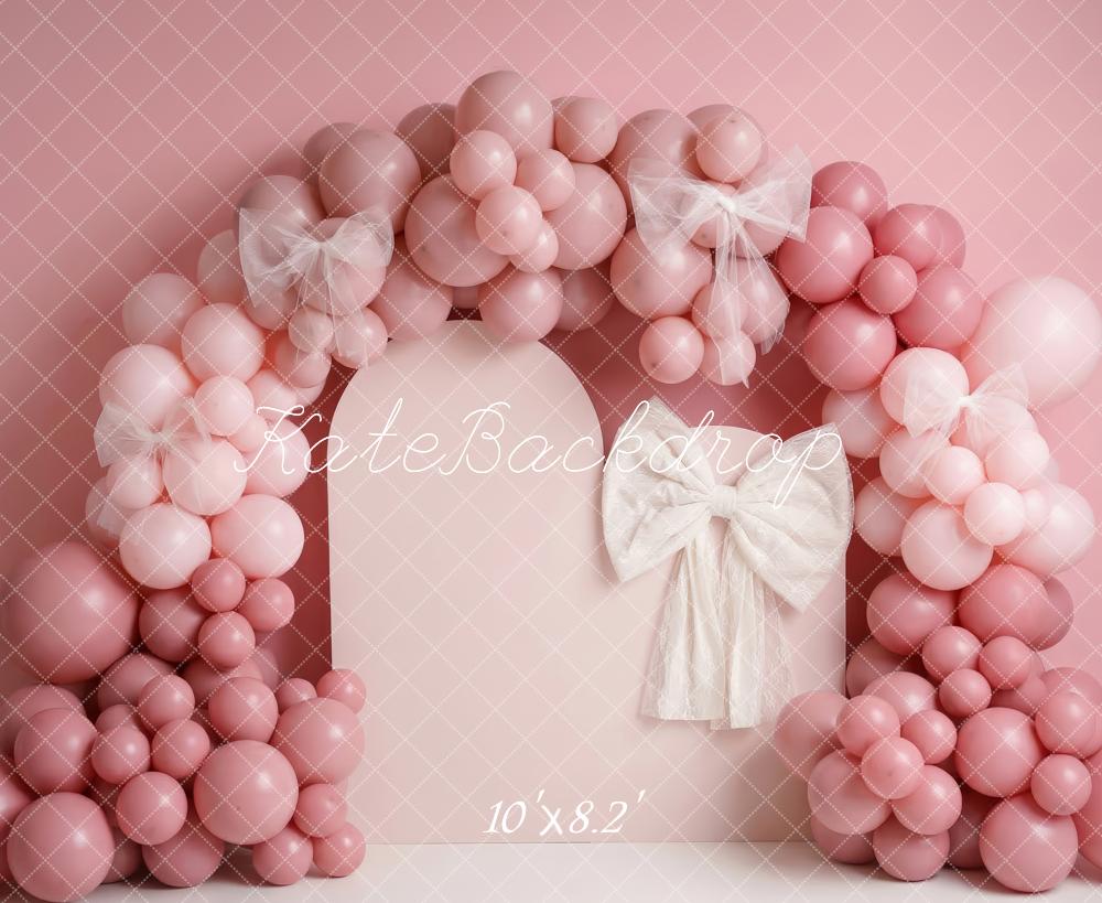 TEST Kate Cake Smash Pink Balloon Arch and White Bow Printed Backdrop Designed by Patty Roberts