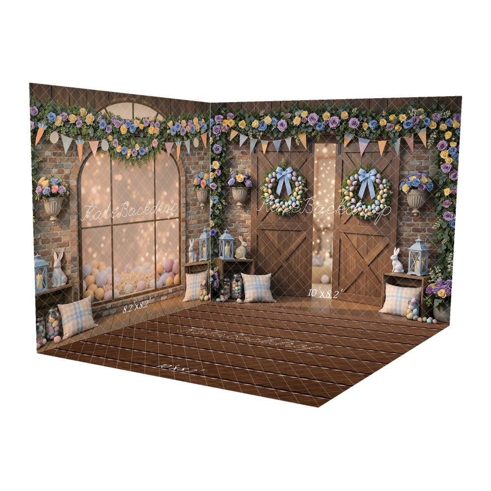 Kate Easter Bunny Pastel Flower Arch Barn Door Backdrop Room Set