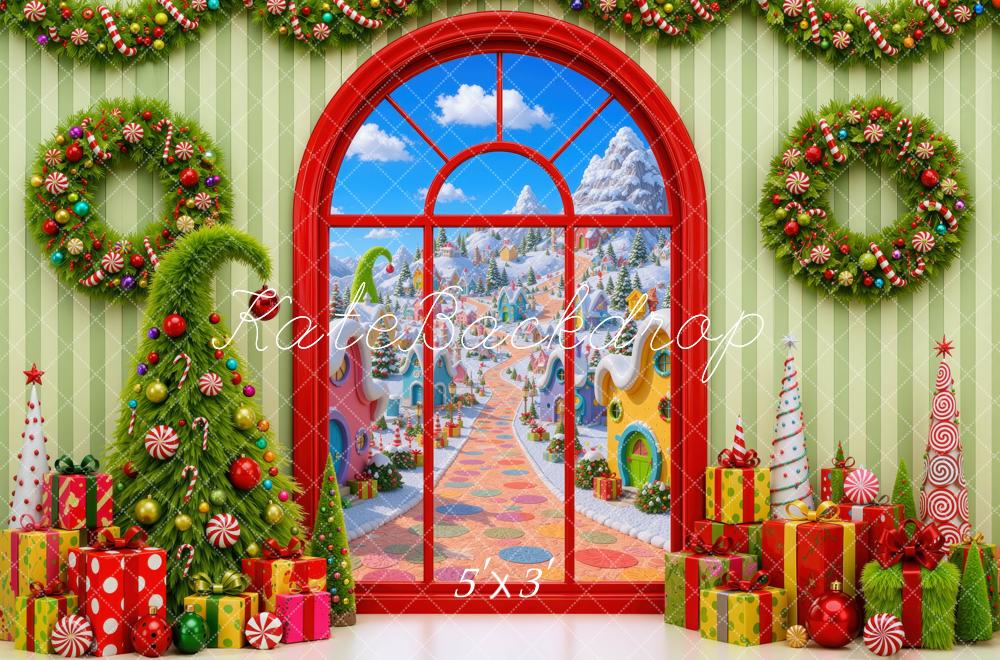 Kate Christmas Tree Whoville Village Window Garland Wreath Gifts Presents Printed Backdrop Designed by Mini MakeBelieve