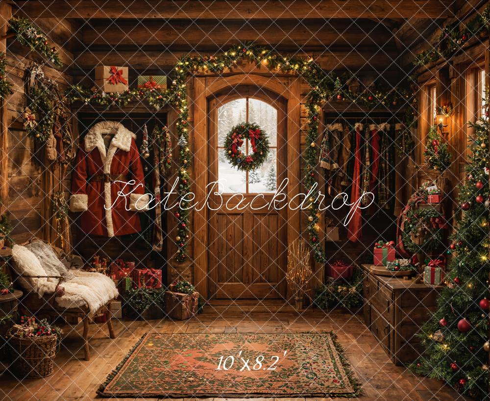 Fondo de puerta rústica de cabaña de Santa Claus de Navidad diseñado por Emetselch
