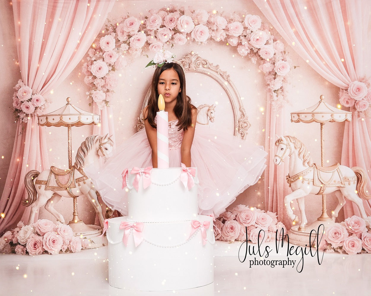 Kate Birthday Carousel Dreams Pink Floral Backdrop Designed by Ashley Paul