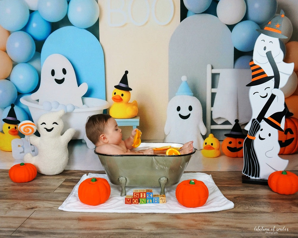 Kate Halloween Ghost Shower Bathtub Pastel Balloons Pumpkins Backdrop Designed by Patty Roberts