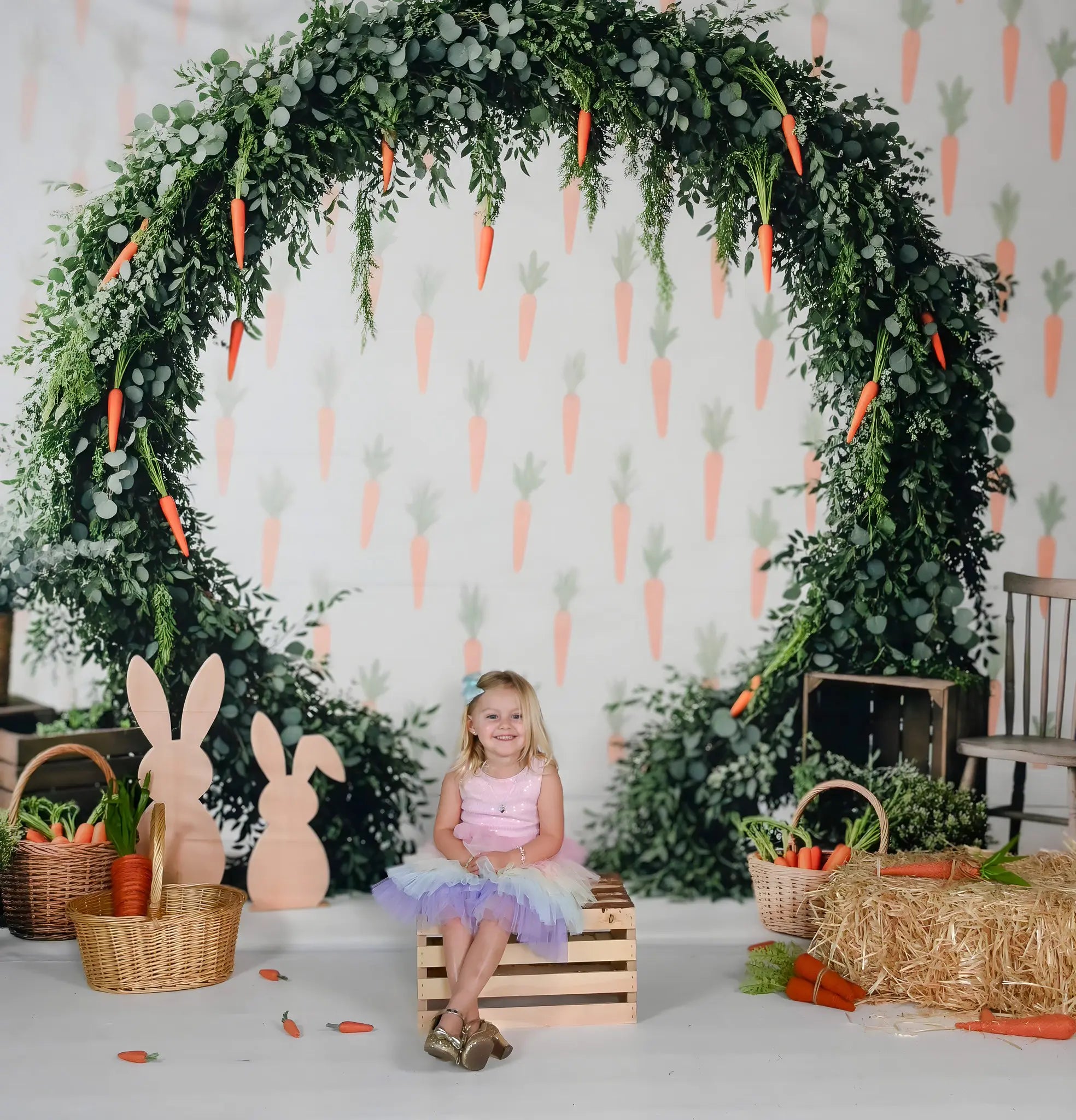 Kate Easter Bunny Carrot Flower Arch Greenery Backdrop Designed by Patty Roberts