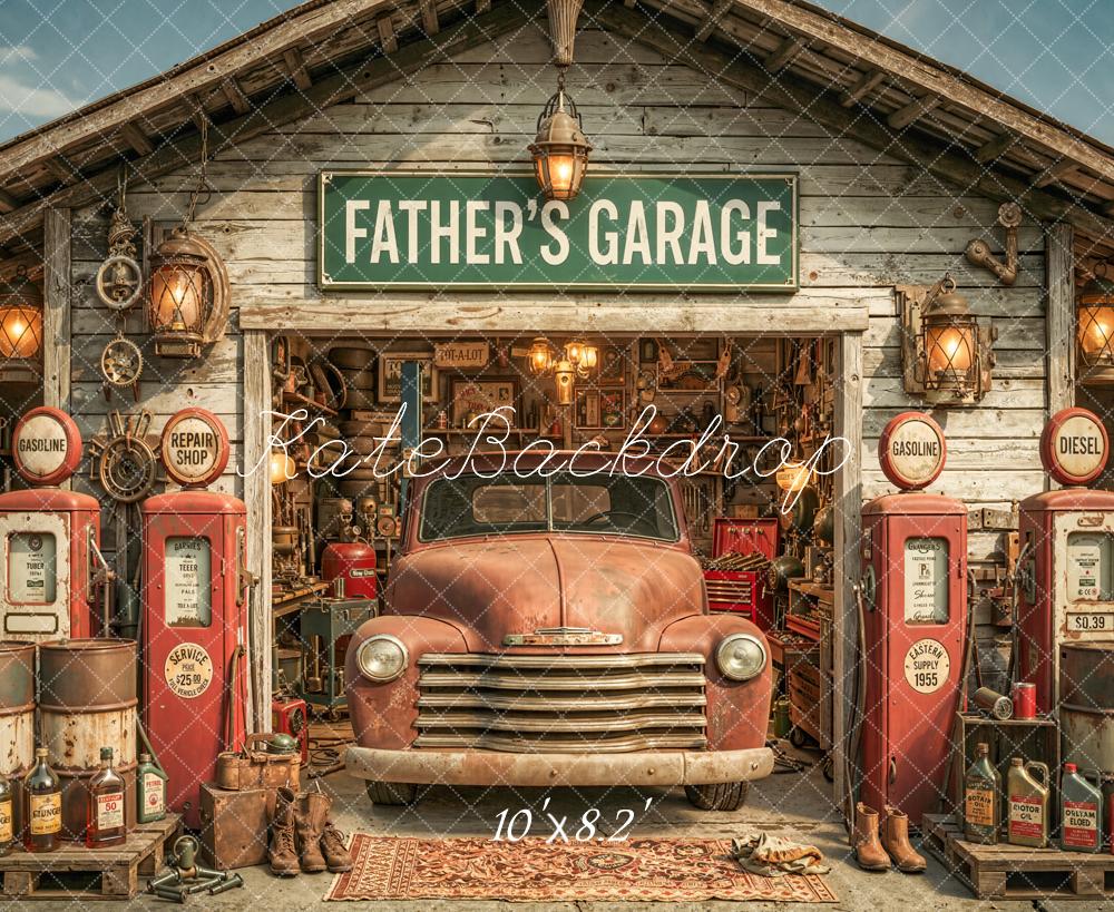 Kate Father's Day Garage Rusty Truck Gas Pumps Printed Backdrop Designed by Chain Photography