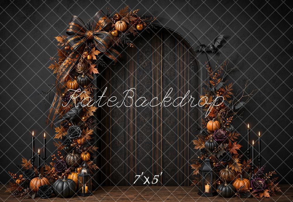 Kate Halloween Black Bow Pumpkin Arch Door Candlelight Gothic Printed Backdrop Designed by Emetselch