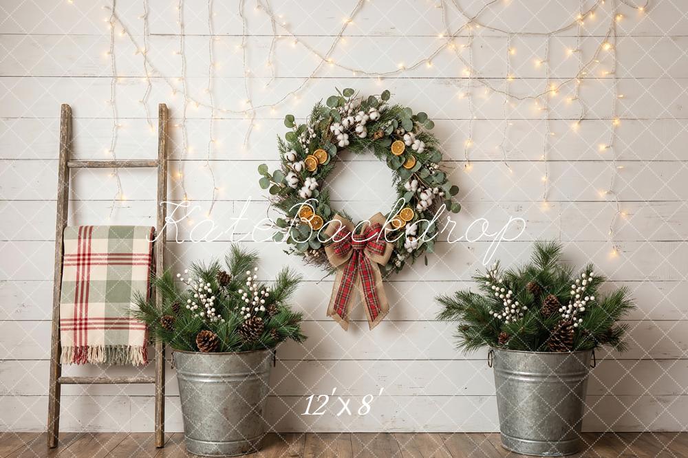 Kate Christmas Wreath Garland Pinecones Rustic Ladder Printed Backdrop Designed by Happy Squirrel Design