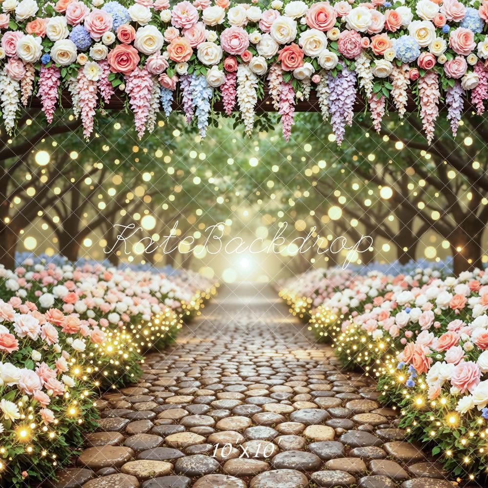 Kate Spring Flower Arch Cobblestone Pathway Bokeh Printed Backdrop Designed by Mini MakeBelieve