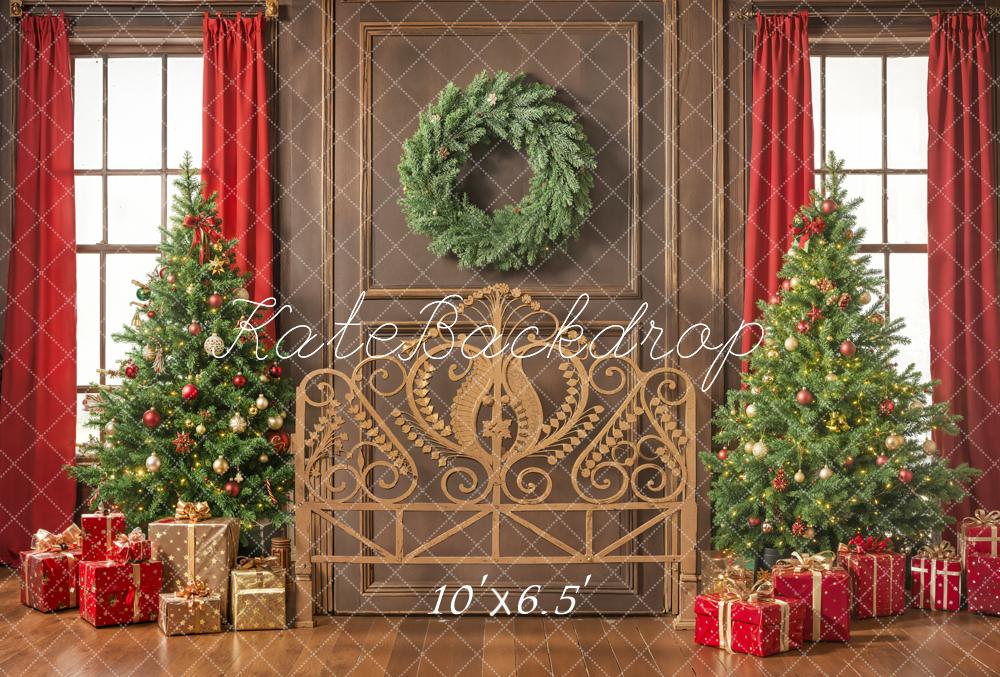Kate Christmas Headboard Trees Wreath Gifts Red Curtains Printed Backdrop Designed by Emetselch