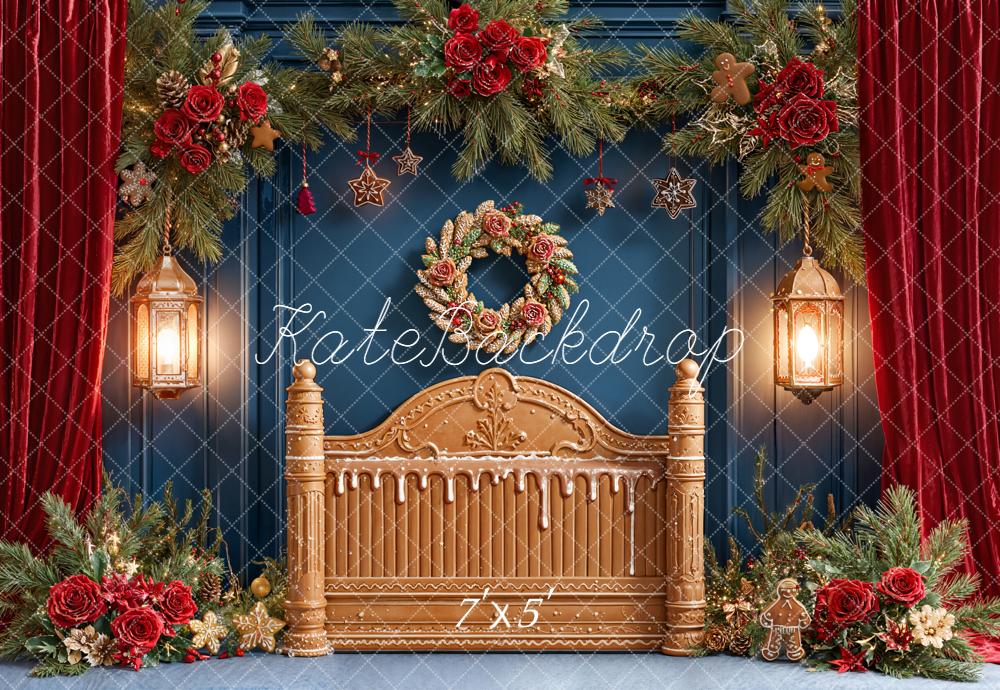Kate Christmas Gingerbread Headboard Garland Red Roses Printed Backdro