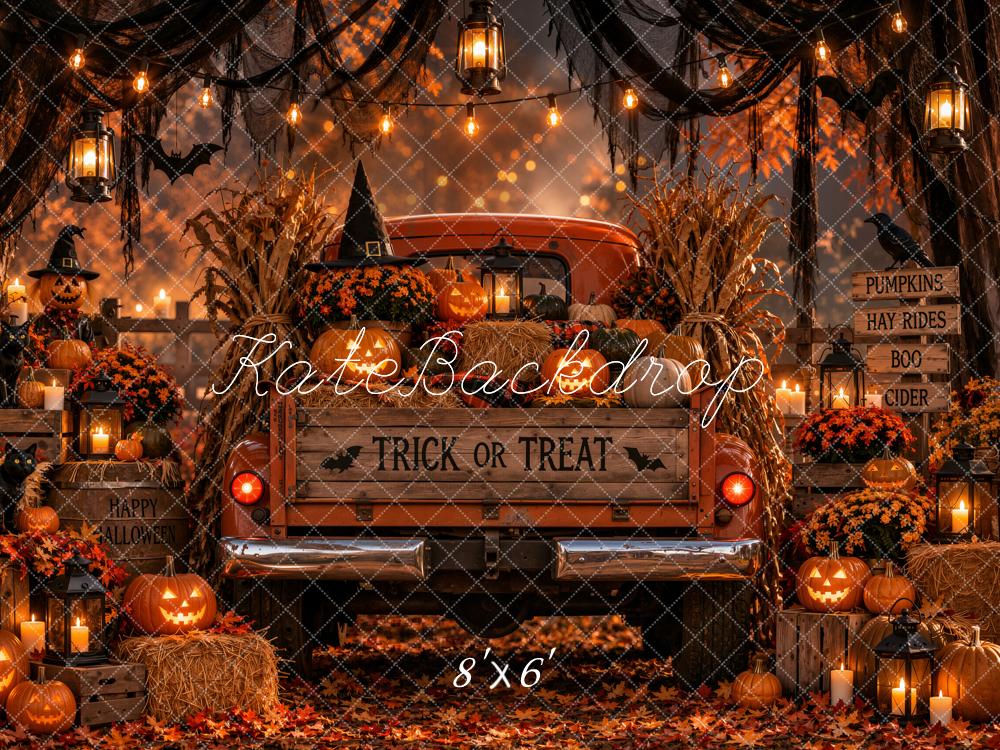 Kate Halloween Orange Vintage Truck Pumpkins Hay Bales Lanterns Printed Backdrop Designed by Emetselch