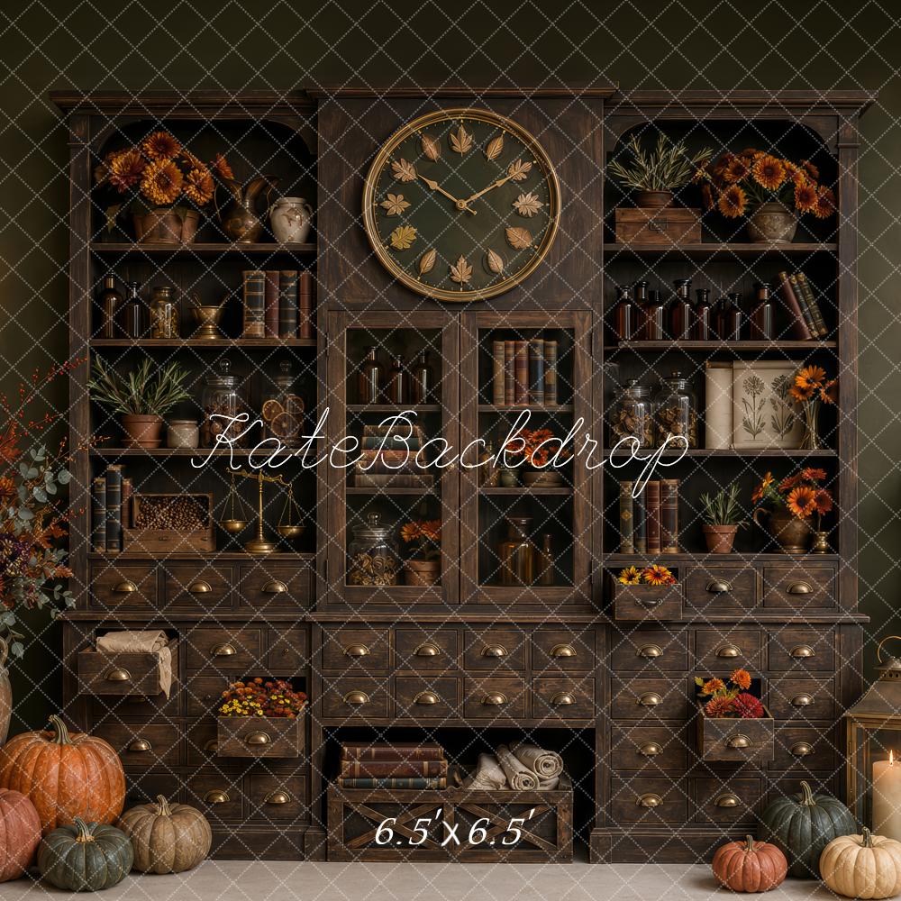 Kate Fall Vintage Apothecary Cabinet Clock Pumpkins Printed Backdrop Designed by Patty Roberts