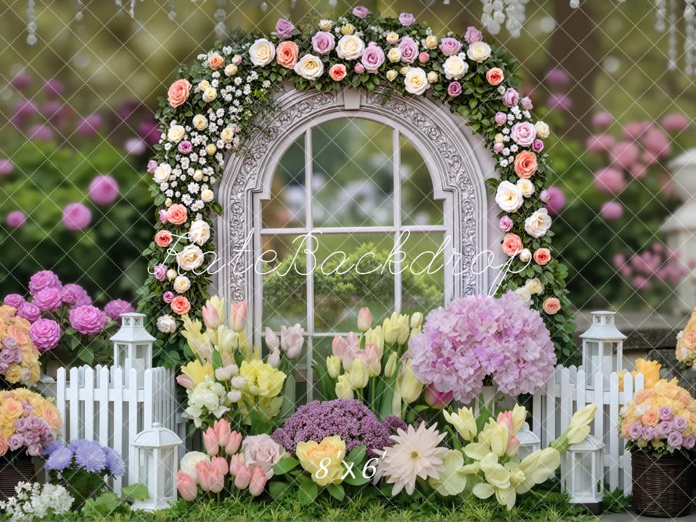 Kate Spring Flower Arch Window Garden White Fence Lanterns Printed Backdrop Designed by Mini MakeBelieve